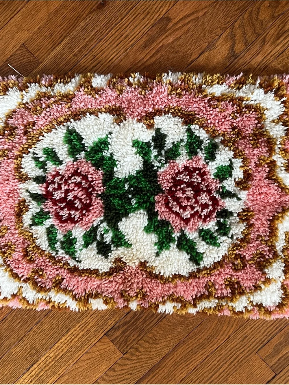 Vintage 70s Hooked Pink Rose Shag Bath Mat Rug with Green Leaves